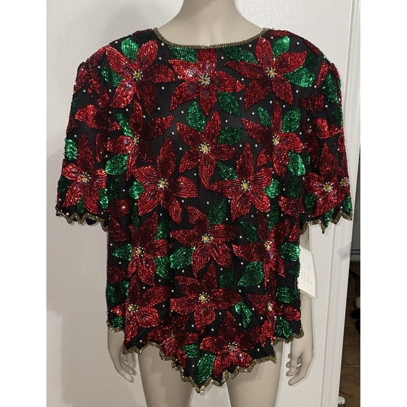 Laurence Kazar Tops - VTG Laurence Kazar Women's Black Sequined Beaded Poinsettia Christmas Top 2X NWT